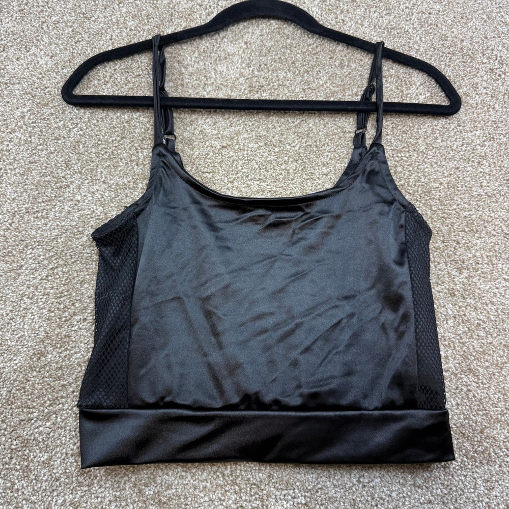 Heart & Hips Black Satin Mesh Panel Camisole Top Medium Silky Clubbing Cami